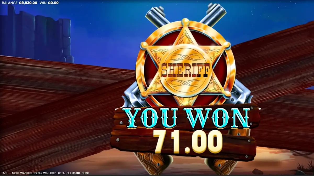 Most Wanted: Hold & Win slot machine interface with desert background