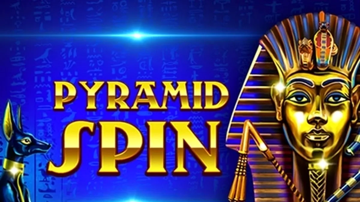Tampilan layar permainan slot Pyramid Spin dengan gulungan yang menampilkan simbol-simbol Mesir kuno seperti firaun dan hieroglif, berlatar belakang piramida dan gurun.